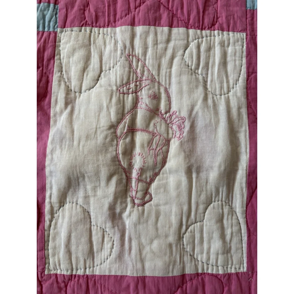 Vintage Baby Quilt Bunny Birds Owl Farmhouse Embroidered Hand Stitched Hearts
